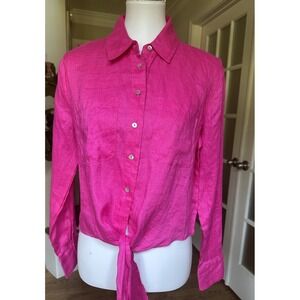 Magaschoni Pink Linen Button Front Shirt Women's M Long Sleeve Tie Hem Blouse